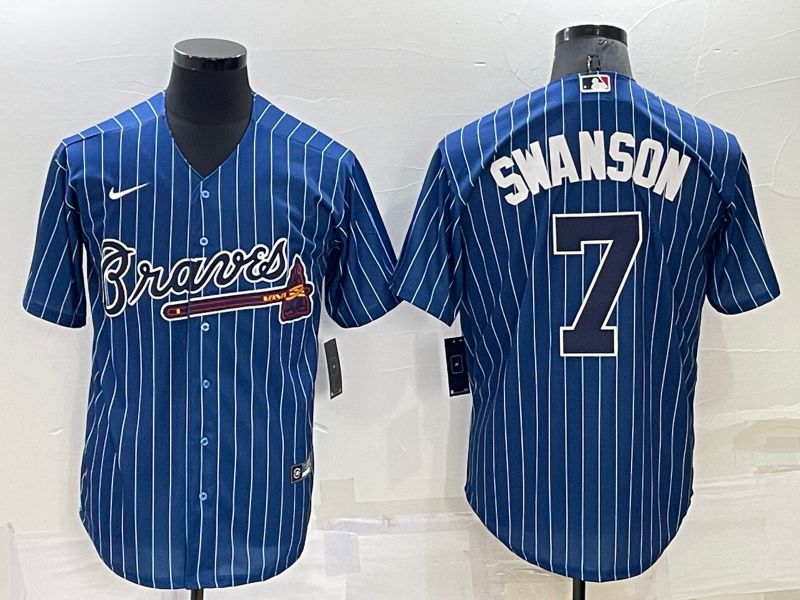 Men Atlanta Braves #7 Swanson Blue Throwback Game Nike 2022 MLB Jersey